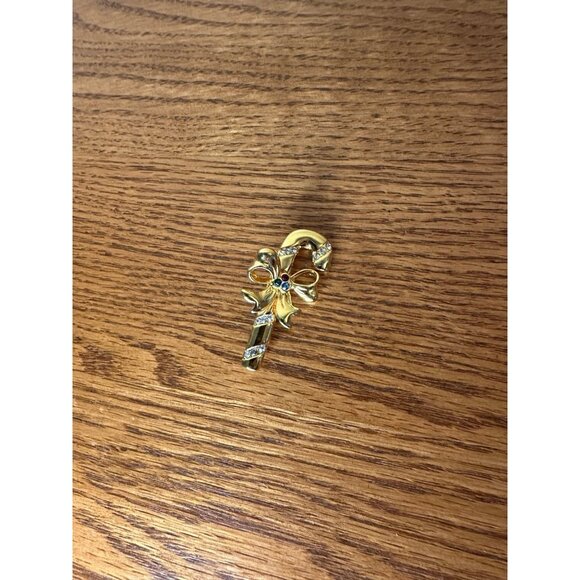 Vintage MERKSAMER Gold Tone Candy Cane Pin Brooch Bow Rhinestones Christmas - Picture 1 of 2